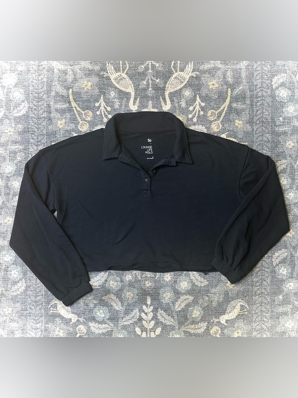 So Lounge Life Black Cropped Long Sleeve Polo Shirt Sz M